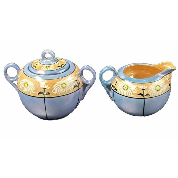 Vtg Lusterware Iridescent Hand Painted Floral Creamer and Sugar with Lid Japan - Picture 3 of 8